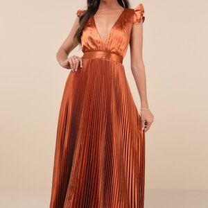 Lulus Exceptional Drama Rust Orange Satin Lace-up Pleated Maxi Dress - Size S